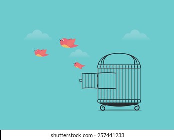 Birds flying from cage, come back to nature 