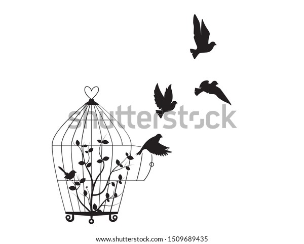 鳥かごから飛び出す鳥 飛ぶ鳥のシルエット かごのイラスト 自由の