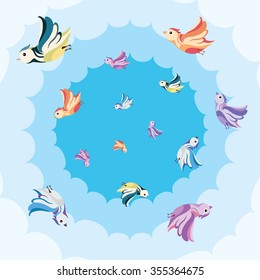 Birds flying in the clouds