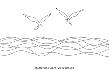 Pássaros voando continuamente Um desenho de linha para design minimalista, logotipo, decoração de parede, impressões, mídias sociais. Ocean Birds Silhueta Linha Desenho de Arte. Estilo minimalista de ilustração de vetor simples.	