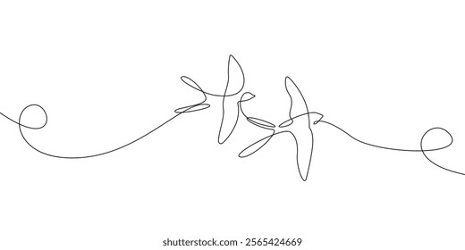Birds Flying. Couple Birds Flying Simple Black One Line Silhouette on White Background. Concept for Minimalist Design. Vector Illustration