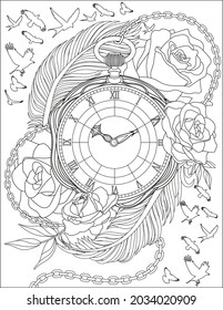 Birds Flying Drawing Around Antique Pocketwatch Surrounded By Beautiful Roses And Large Feathers  Vintage Timer Line Drawing Enclosed With Blooming Flowers 