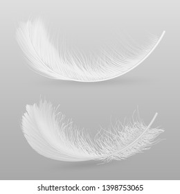 Birds flying or falling down white, fluffy feathers 3d realistic vector illustration isolated on grey background. Softness and fragility symbol. Tenderness and purity concept decorative design element