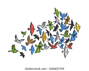 Birds flying in form of arrow symbol sketch engraving vector illustration. Tee shirt apparel print design. Scratch board style imitation. Black and white hand drawn image.