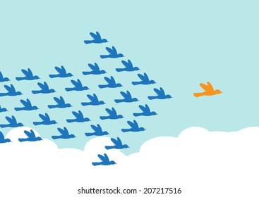 Birds Flying In The Formation Of An Arrow Shape, Following A Leader Bird. A Metaphor On Teamwork And Leadership.