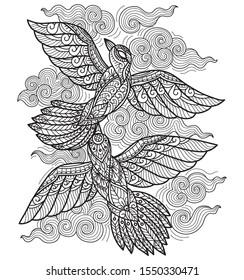 Aves volando a la libertad.
Dibujo estilizado de Zentangle aislado de fondo blanco. 
Dibujo manual de dibujo para el libro de colorantes adultos. 
