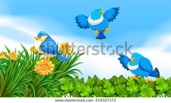 Birds Flying Garden Illustration Stock Vector Royalty Free