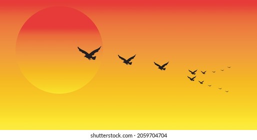 The birds are flying gracefully.on a beautiful sunset background.product advertisement , logo.
