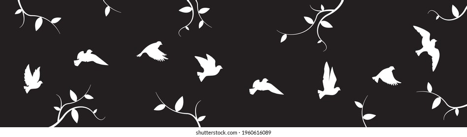 Birds flying in harmony, vector. White birds silhouettes isolated on black background. Flying birds in nature, illustration. Wall art, artwork. Black and white poster design