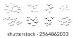 Birds flying line in the sky set. Ink grunge flock of birds afar brush hand drawn. markers and crayons. Vector illustration