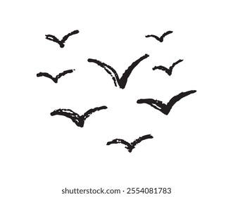 Birds flying line in the sky set. Ink grunge flock of birds afar brush hand drawn. markers and crayons. Vector illustration