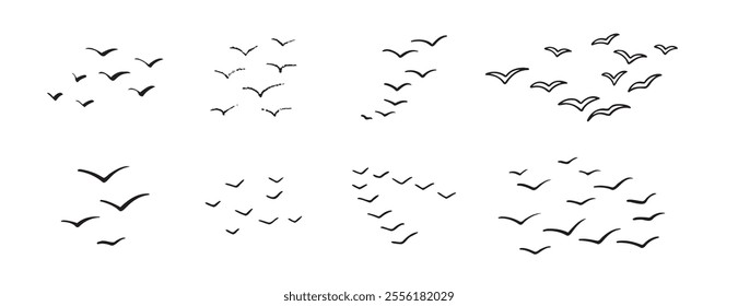 Birds flying line in the sky set. Ink grunge flock of birds afar brush hand drawn. markers and crayons. Vector illustration