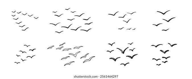 Birds flying line in the sky set. Ink grunge flock of birds afar brush hand drawn. markers and crayons. Vector illustration