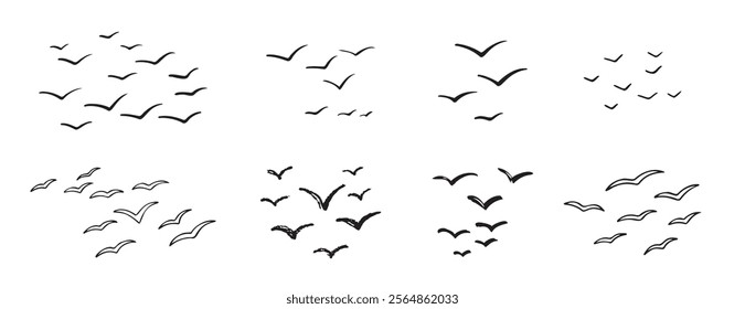 Birds flying line in the sky set. Ink grunge flock of birds afar brush hand drawn. markers and crayons. Vector illustration