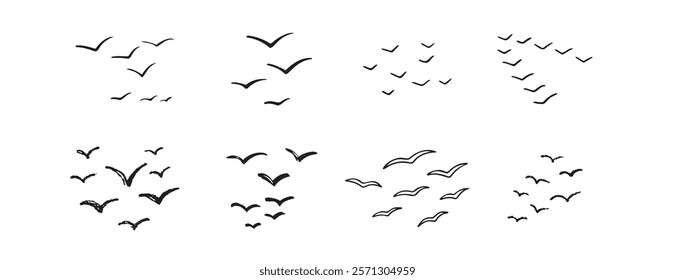 Birds flying line in the sky set. Ink grunge flock of birds afar brush hand drawn. markers and crayons. Vector illustration