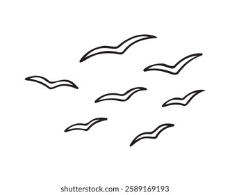 Birds flying line in the sky set. Ink grunge flock of birds afar brush hand drawn. markers and crayons. Vector illustration