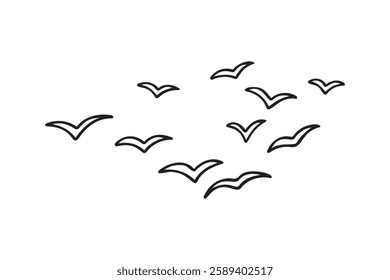 Birds flying line in the sky set. Ink grunge flock of birds afar brush hand drawn. markers and crayons. Vector illustration