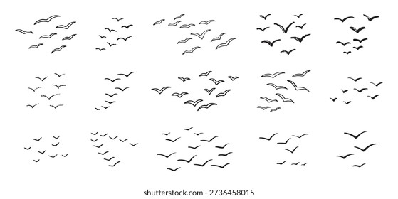 Birds flying line in the sky set. Ink grunge flock of birds afar brush hand drawn. markers and crayons. Vector illustration