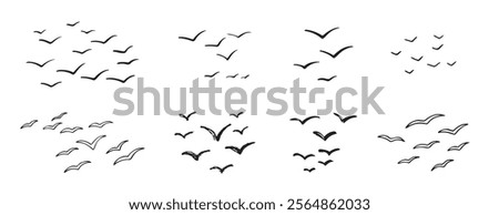 Birds flying line in the sky set. Ink grunge flock of birds afar brush hand drawn. markers and crayons. Vector illustration