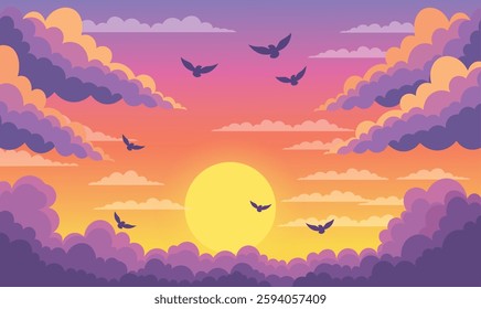 Birds Flying on Beautiful Majestic Sky Panoramic with Sun Light and Clouds at Sunset Sunrise