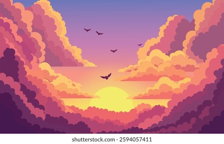 Birds Flying on Beautiful Majestic Sky Panoramic with Sun Light and Clouds at Sunset Sunrise