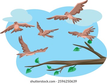 
Birds Flying on the Sky During Spring Season Vector Illustration 
Group of birds in nature symbolizing freedom and serenity 