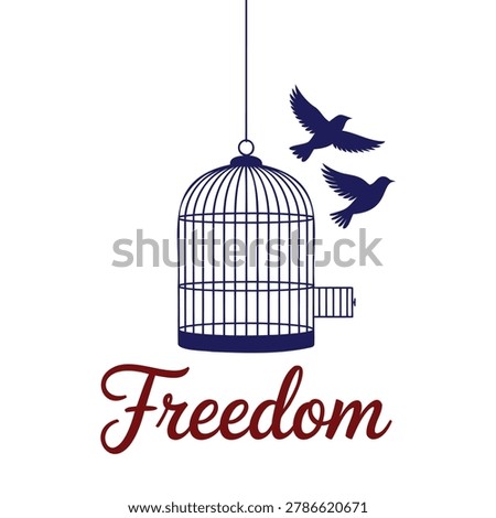 Birds flying out of open birdcage representing freedom and liberation concept