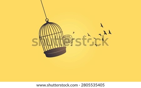 Birds flying out of an open birdcage, Freedom motivational concept.	