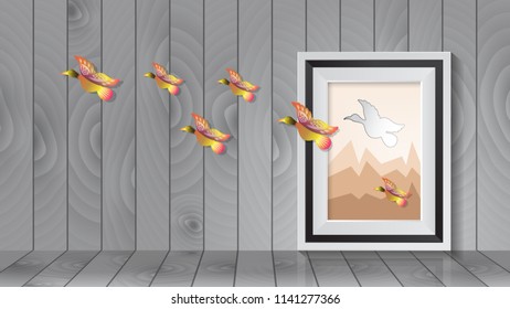 birds flying outside the box concept in Wooden wall. vector idea, illustrate, paper art, creative idea.