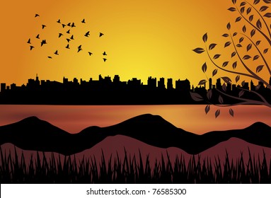 Birds flying over a lake in front of a city at sunset