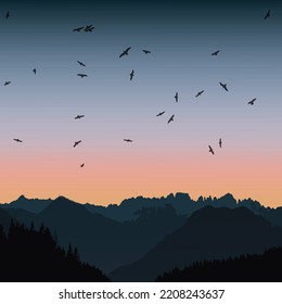 birds flying over the mountain in sunset vector landscape illustration