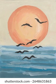 Birds flying over the ocean at sunset