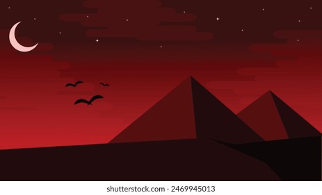 Birds flying over pyramids in the desert at night with a crescent moon