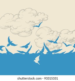 Birds flying over sky vector background