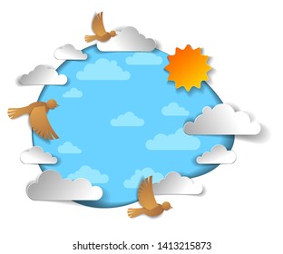 Birds flying in the sky among beautiful clouds and sun, summer cloudscape, vector illustration in paper cut kids style.