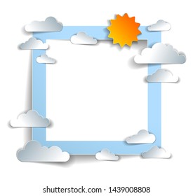 Birds flying in the sky among beautiful clouds and sun, background or frame with copy space for text, greeting card, summer cloudscape, vector illustration in paper cut kids style.