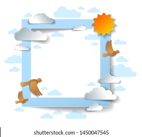 Birds flying in the sky among beautiful clouds and sun, background or frame with copy space for text, greeting card, summer cloudscape, vector illustration in paper cut kids style.