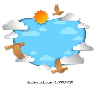 Birds flying in the sky among beautiful clouds and sun, summer cloudscape, vector illustration in paper cut kids style.