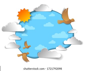 Birds flying in the sky among beautiful clouds and sun, summer cloudscape, vector illustration in paper cut kids style.