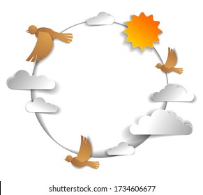 Birds flying in the sky among beautiful clouds and sun, background or frame with copy space for text, greeting card, summer cloudscape, vector illustration in paper cut kids style.