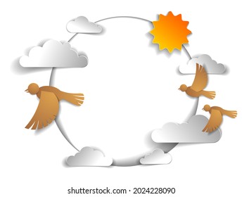 Birds flying in the sky among beautiful clouds and sun, background or frame with copy space for text, greeting card, summer cloudscape, vector illustration in paper cut kids style.
