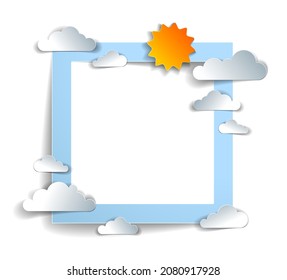Birds flying in the sky among beautiful clouds and sun, background or frame with copy space for text, greeting card, summer cloudscape, vector illustration in paper cut kids style.