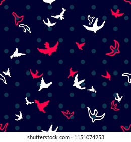 Birds flying in the sky. Seamless vector pattern with Japanese motifs. On dark blue dotted background.