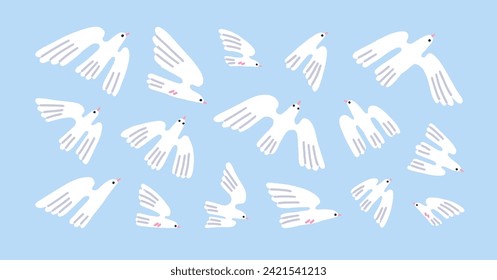 Birds flying in sky. White doves flies. Pigeons in flight set. Feathered winged animals soaring, gliding in air. Peaceful flock, freedom concept. Flat vector illustrations