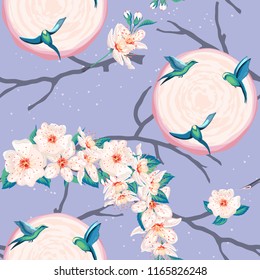 Birds flying in the sun, cherry blossoms in hand drawn style pastel colors.Vector seamless pattern for fashion prints.