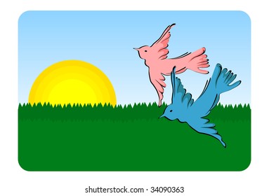 Birds flying - vector (pink and blue bird flying over green landscape)