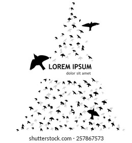 Birds flying wedge. Many flying bird silhouettes. Vector