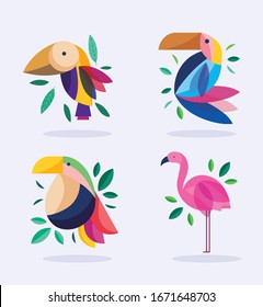 birds with foliage.  Natural botanical flora and fauna design,  vector illustration