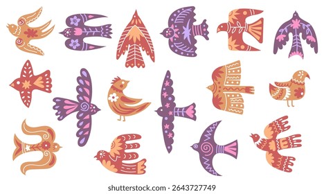 Birds with folk ornaments. Scandinavian dove silhouettes decorated with flowers, branches and abstract patterns. Flying swallow bird floral designs, decorative botanical style vector illustration set.