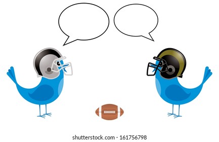 birds with football helmets talking, two little blue birds with blank speech bubbles 